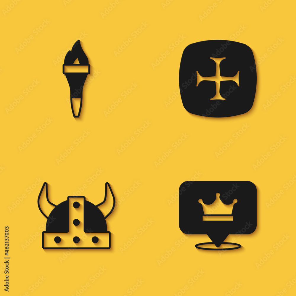 Set Torch flame, King crown, Viking horned helmet and Crusade icon with long shadow. Vector Set Torch flame, King crown, Viking horned helmet and Crusade icon with long shadow. Vector