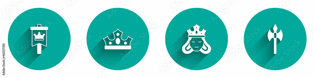 Set Medieval flag, King crown, Princess or queen and axe icon with long shadow. Vector Set Medieval flag, King crown, Princess or queen and axe icon with long shadow. Vector