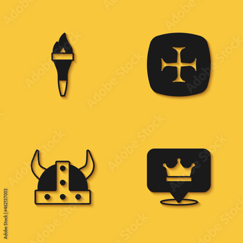 Set Torch flame  King crown  Viking horned helmet and Crusade icon with long shadow. Vector