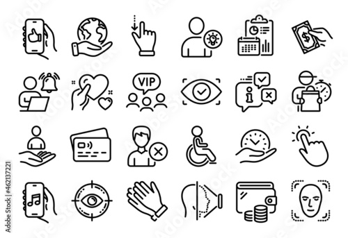 Vector set of Pay money, Biometric eye and Save planet line icons set. Calendar report, Money wallet and Credit card tag. Clapping hands, Music app and Eye target icons. Vector