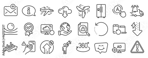Set of Technology icons, such as Brand ambassador, Wind energy, Growth chart icons. Search document, Information, Ab testing signs. Cloud download, Elastic material, Recovery data. Warning. Vector