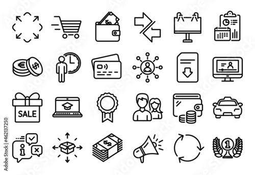 Vector set of Savings, Teamwork and Road banner line icons set. Calendar report, Money wallet and Credit card tag. Sale offer, Online video and Maximize icons. Vector