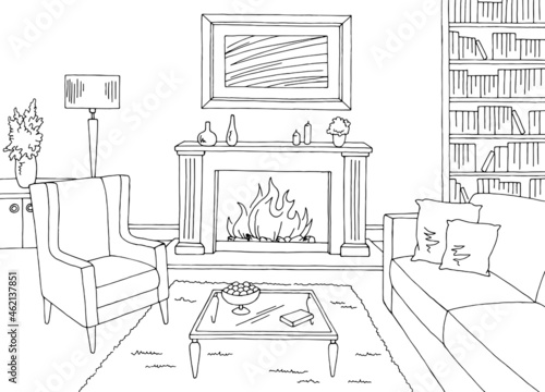 Living room graphic black white interior sketch illustration vector 
