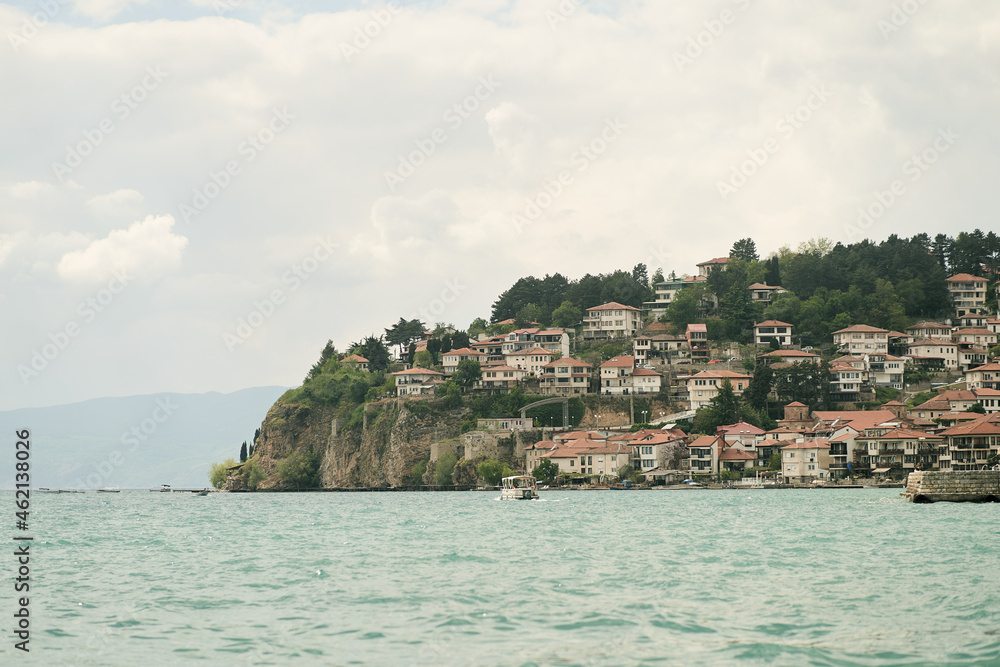 View of the old town of Ohrid from the side of the lake. North Macedonia. View of the historical part of ohrid town in macedonia