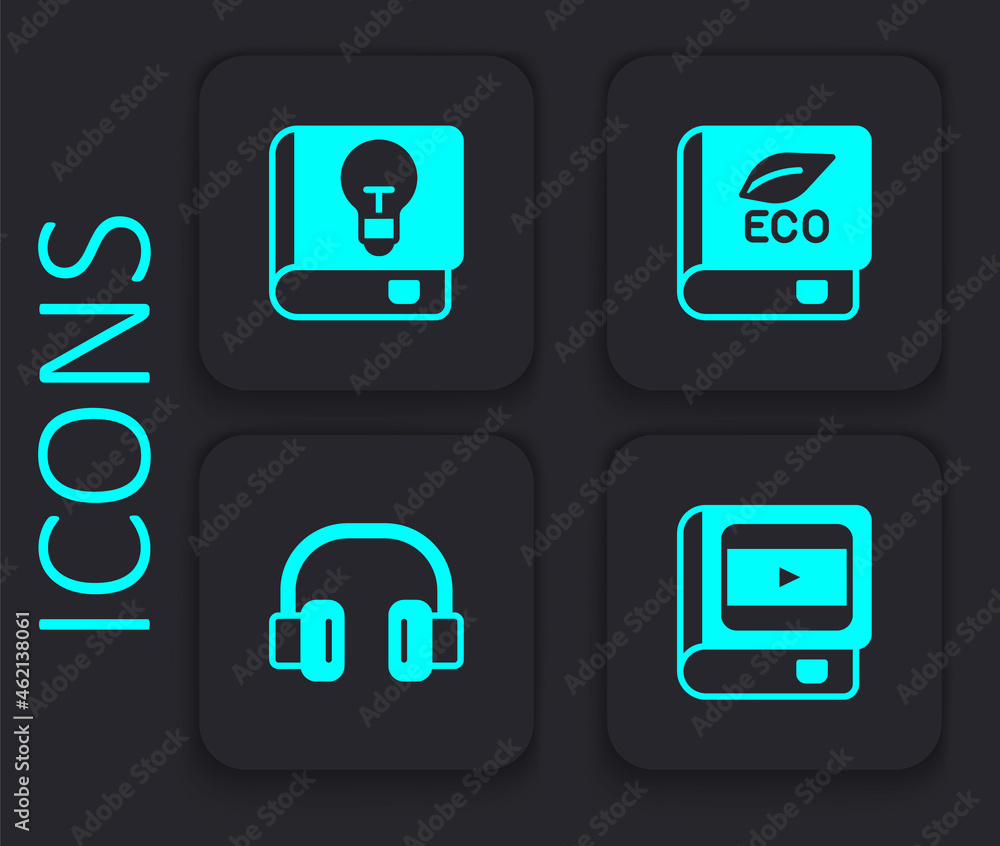 Set Book about cinema, User manual, ecology and Headphones icon. Black square button. Vector Set Book about cinema, User manual, ecology and Headphones icon. Black square button. Vector