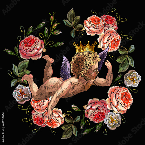 Embroidery angels and ring of roses flowers. Renaissance art. Cupids. Happy Valentines Day art. Paradise garden. Fashion template for clothes and t-shirt design