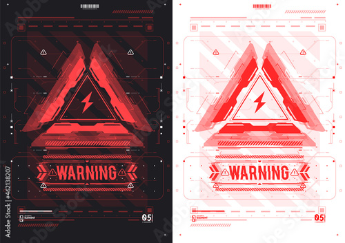 Caution futuristic ski-fi UI design elements in modern technology style. Warning and alert attention signs. Lettering with futuristic user interface elements. Conceptual Layout with HUD elements.