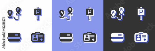 Set Taxi driver license, Route location, Credit card and Parking icon. Vector