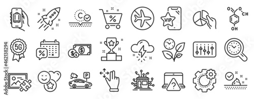 Set of Business icons  such as Parking security  Skin care  Thunderstorm weather icons. Pie chart  Startup rocket  Baggage app signs. Flight mode  Discounts calendar  Collagen skin. Leaves. Vector