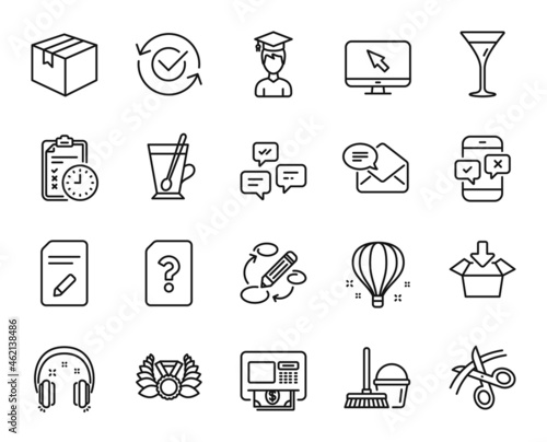 Vector set of Atm, Keywords and Air balloon line icons set. Parcel, Bucket with mop and Edit document icons. Approved, Student and Tea mug signs. Chat messages, Laureate medal and Get box. Vector