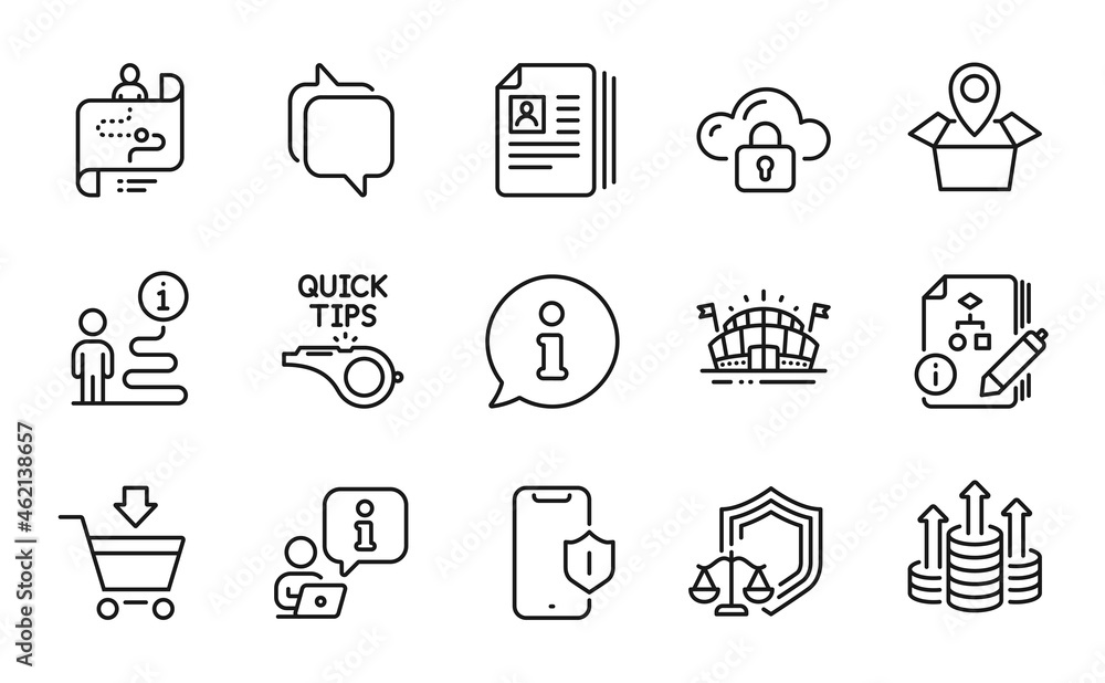 Business icons set. Included icon as Justice scales, Tutorials, Sports arena signs. Cv documents, Cloud protection, Smartphone protection symbols. Online market, Journey path, Budget. Vector Business icons set. Included icon as Justice scales, Tutorials, Sports arena signs. Cv documents, Cloud protection, Smartphone protection symbols. Online market, Journey path, Budget. Vector