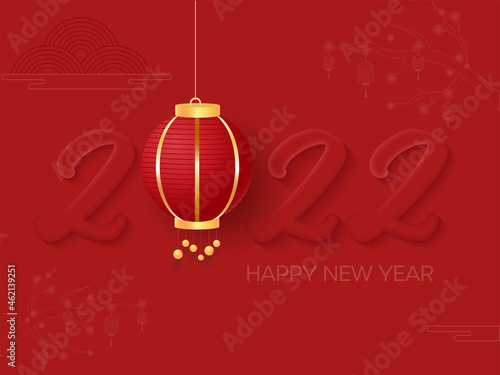 2022 Number With Chinese Lantern Hang On Red Background For Happy New Year Celebration.