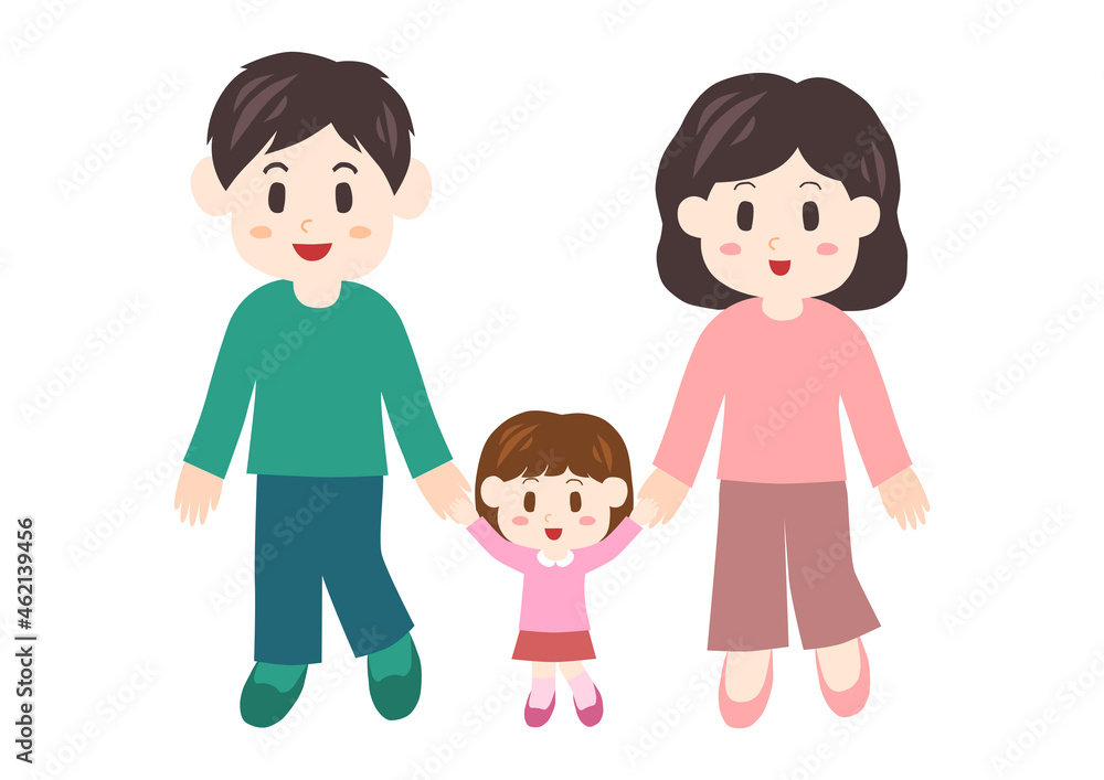 手を繋いで歩く夫婦と子供のイラスト