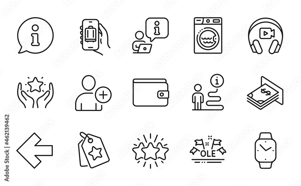 Business icons set. Included icon as Smartwatch, Add user, Baggage app signs. Ranking, Star, Loyalty tags symbols. Left arrow, Ole chant, Headphones. Laundry, Money wallet, Atm money. Vector Business icons set. Included icon as Smartwatch, Add user, Baggage app signs. Ranking, Star, Loyalty tags symbols. Left arrow, Ole chant, Headphones. Laundry, Money wallet, Atm money. Vector
