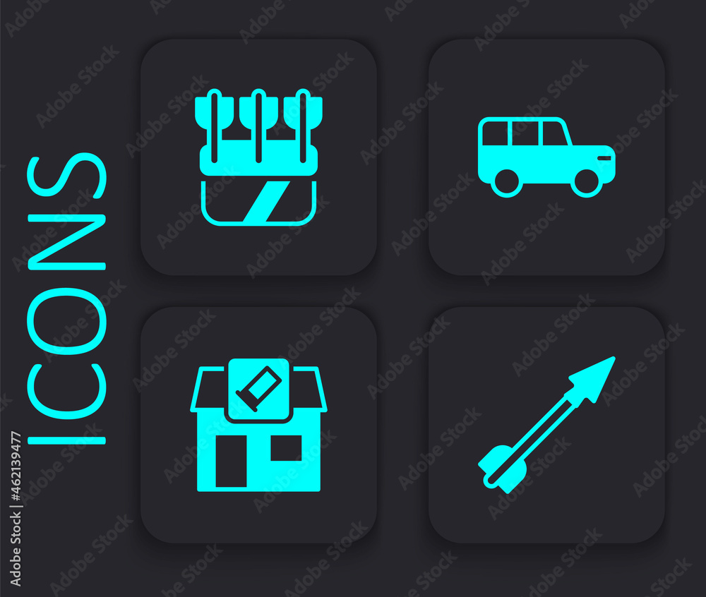 Set Medieval arrow, Quiver with arrows, Safari car and Hunting shop icon. Black square button. Vector Set Medieval arrow, Quiver with arrows, Safari car and Hunting shop icon. Black square button. Vector