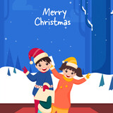 Merry Christmas Concept With Cheerful Kids Offering Letter On Blue And White Snowfall Background.