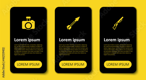 Set Hunting gun, Medieval arrow and Photo camera. Business infographic template. Vector