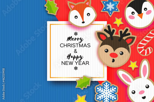 Happy New Year and Merry Christmas Greeting card. Christmas gingerbread paper cut style. Animals. Deer, Fox, Rabbit, Penguin. Square frame. Winter holidays.
