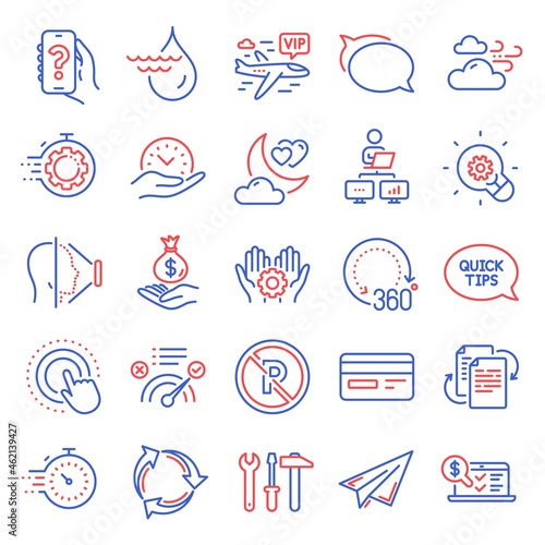 Business icons set. Included icon as Talk bubble, 360 degrees, Face id signs. Income money, Paper plane, Seo timer symbols. Online accounting, Love night, Employee hand. Safe time, Recycle. Vector