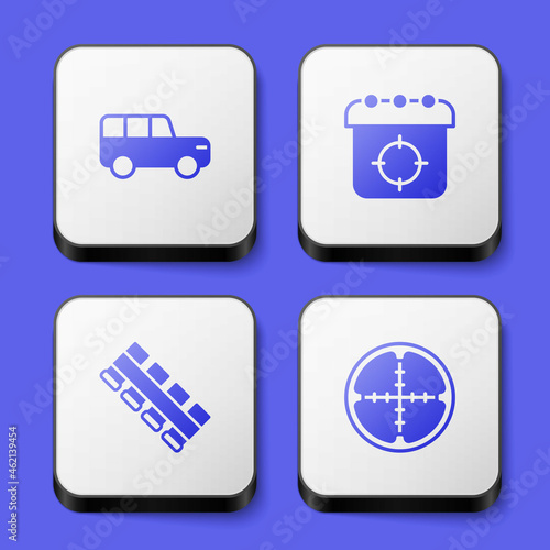 Set Safari car, Target sport, Hunting cartridge belt and Sniper optical sight icon. White square button. Vector
