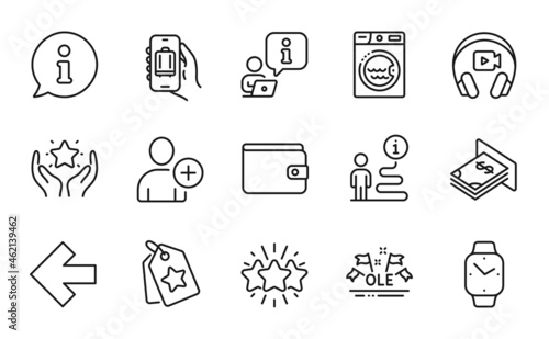 Business icons set. Included icon as Smartwatch, Add user, Baggage app signs. Ranking, Star, Loyalty tags symbols. Left arrow, Ole chant, Headphones. Laundry, Money wallet, Atm money. Vector