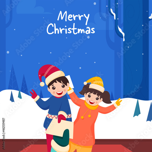 Merry Christmas Concept With Cheerful Kids Offering Letter On Blue And White Snowfall Background.