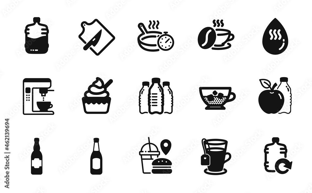Vector set of Cold coffee, Cutting board and Refill water icons simple set. Cooler bottle, Coffee maker and Frying pan icons. Apple, Hot water and Ice cream signs. Beer, Tea and Fast food. Vector Vector set of Cold coffee, Cutting board and Refill water icons simple set. Cooler bottle, Coffee maker and Frying pan icons. Apple, Hot water and Ice cream signs. Beer, Tea and Fast food. Vector