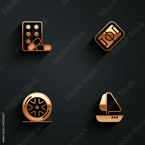 Set Sports doping with dumbbell, Football field, Car wheel and Yacht sailboat icon with long shadow. Vector