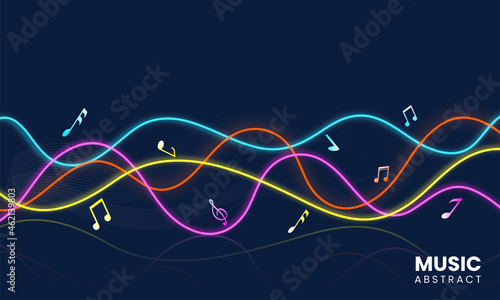 Abstract Colorful Wave Motion Background With Music Notes.