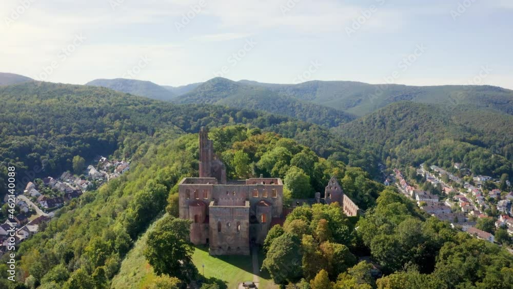 Cinematic overflight of a monastery ruin in Bad Dürkheim on a sunny day. Aerial view 4k Germany Cinematic overflight of a monastery ruin in Bad Dürkheim on a sunny day. Aerial view 4k Germany