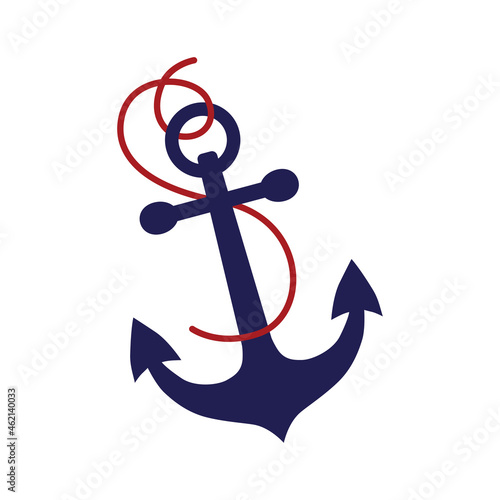 Anchor. Marine theme. The oldest symbol of hope. The silhouette of a blue anchor with a red rope entangling it. Vector illustration isolated on a white background for design and web.
