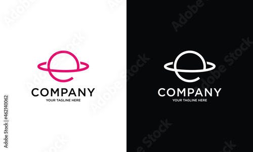 Letter E logo with planet, rocket and orbits lines. Bright vector design for science, biology, physics, chemistry company.