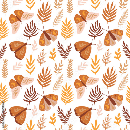 seamless pattern with celestial moth, moon, sun