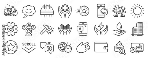 Set of Business icons  such as Hammer blow  Scroll down  Time management icons. Ab testing  Loyalty star  Sunny weather signs. Timer  Skyscraper buildings  Bitcoin. Moisturizing cream. Vector