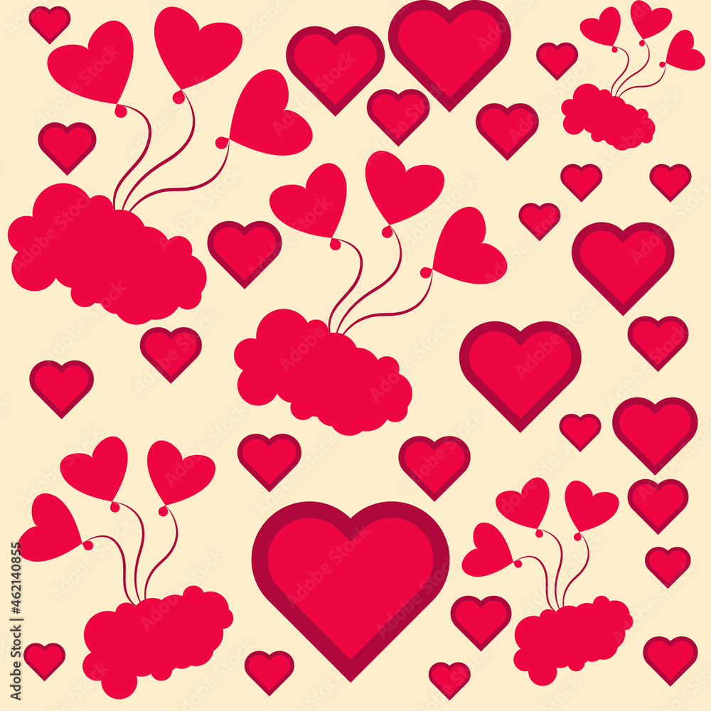 Seamless Love Theme Pattern Background With Heart, Hot Air Balloons And Cloud.