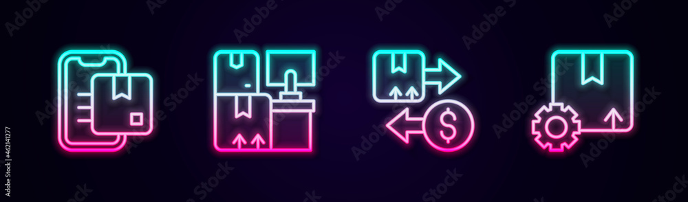 Set line Document tracking marker, Warehouse with boxes, Tax cardboard and Gear package. Glowing neon icon. Vector Set line Document tracking marker, Warehouse with boxes, Tax cardboard and Gear package. Glowing neon icon. Vector