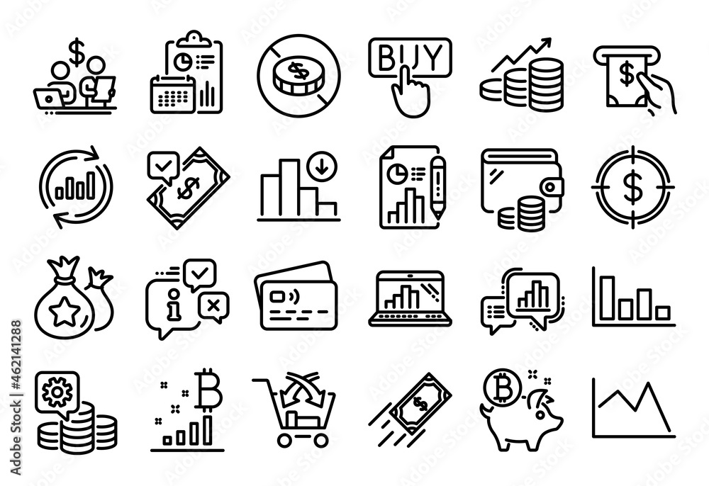 Vector set of Decreasing graph, No cash and Graph laptop line icons set. Calendar report, Money wallet and Credit card tag. Atm service, Cross sell and Update data icons. Vector