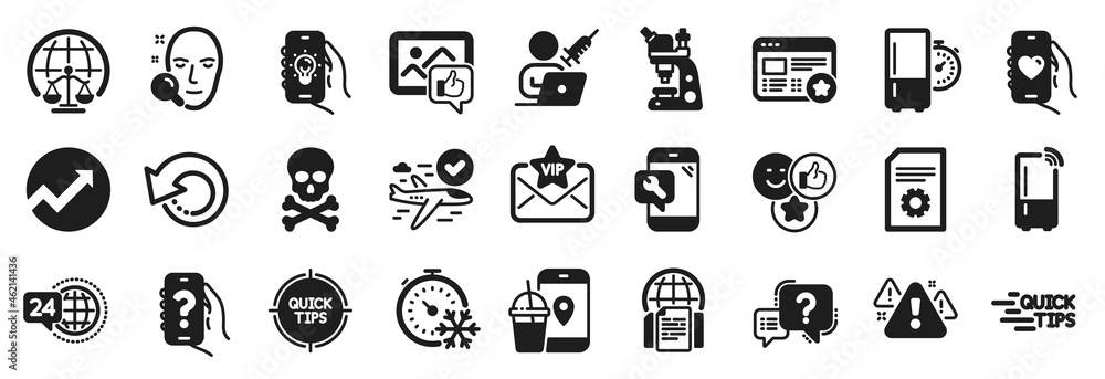 Fototapeta premium Set of Technology icons, such as Help app, File settings, 24h service icons. Dating app, Microscope, Tips signs. Vip mail, Magistrates court, Face search. Refrigerator timer, Like, Warning. Vector