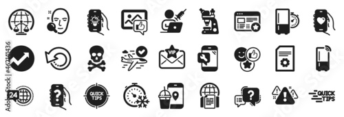 Set of Technology icons, such as Help app, File settings, 24h service icons. Dating app, Microscope, Tips signs. Vip mail, Magistrates court, Face search. Refrigerator timer, Like, Warning. Vector