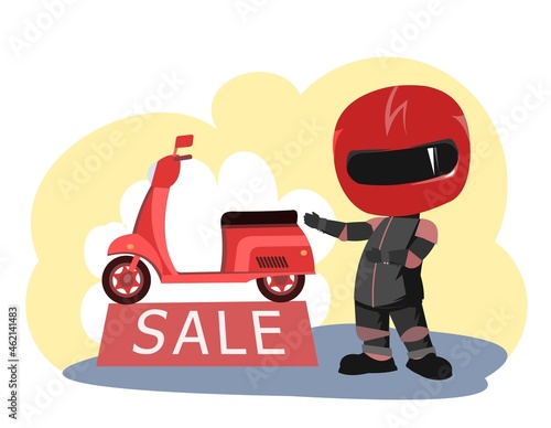 Scooter driver. Biker Cartoon. Child illustration. Sale. In a sports uniform and a red helmet. Cool motorcyclist. Isolated on white background. Vector