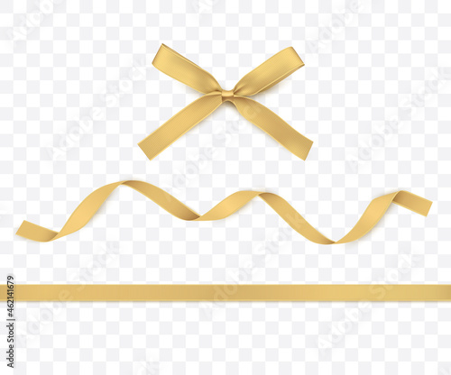 Gold Ribbon and Bow isolated. Golden Vector Decoration for Gift Cards, for Gift Boxes or Christmas illustrations.