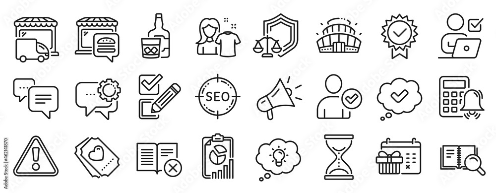 Set of Business icons, such as Whiskey glass, Megaphone, Online voting icons. Love ticket, Food market, Seo signs. Report, Approved, Arena stadium. Certificate, Warning, Search book. Vector Set of Business icons, such as Whiskey glass, Megaphone, Online voting icons. Love ticket, Food market, Seo signs. Report, Approved, Arena stadium. Certificate, Warning, Search book. Vector