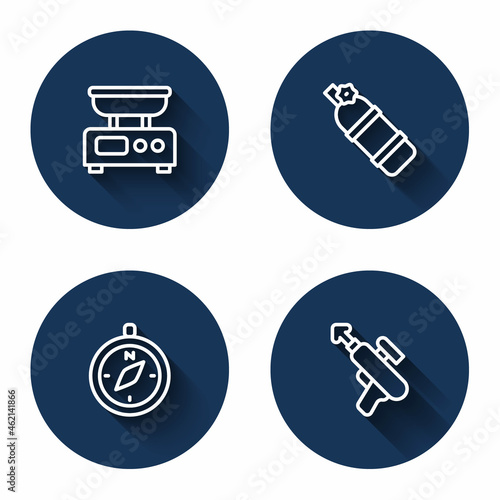 Set line Electronic scales, Aqualung, Compass and Fishing harpoon with long shadow. Blue circle button. Vector
