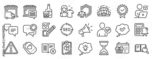 Set of Business icons, such as Whiskey glass, Megaphone, Online voting icons. Love ticket, Food market, Seo signs. Report, Approved, Arena stadium. Certificate, Warning, Search book. Vector