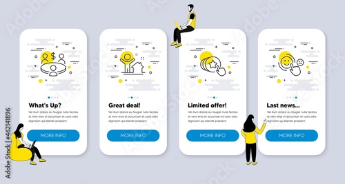 Vector Set of People icons related to New house, Meeting and Hold heart icons. UI phone app screens with people. Customer satisfaction line symbols. Vector