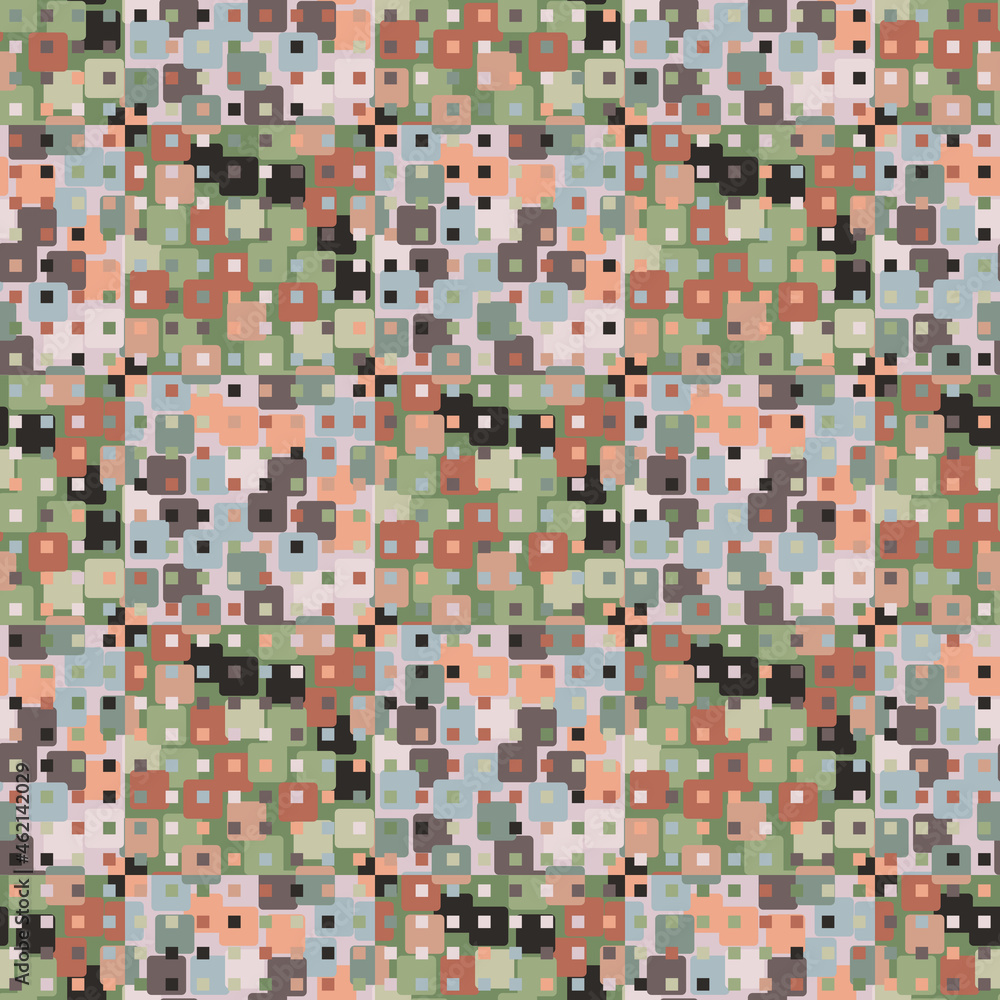A combination of rounded squares. Green, brown, beige, pale lilac shades. Seamless texture. Editable.