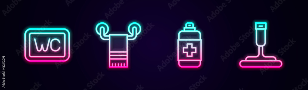 Set line Toilet, Towel on hanger, Antibacterial soap and Rubber cleaner for windows. Glowing neon icon. Vector Set line Toilet, Towel on hanger, Antibacterial soap and Rubber cleaner for windows. Glowing neon icon. Vector