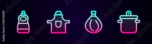 Set line Dishwashing liquid bottle, Kitchen apron, Garbage bag and Cooking pot. Glowing neon icon. Vector