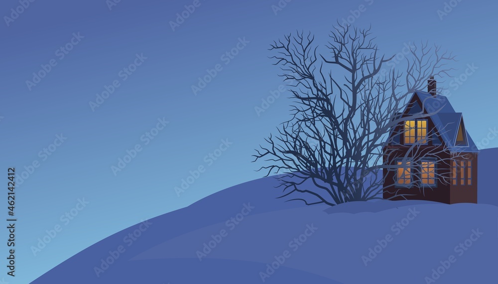 Fototapeta premium Rural small house in winter. Landscape. Christmas night. Quiet winter evening. The gable roof is covered with snow. Nice and cozy suburban village. Flat cartoon style. Vector art