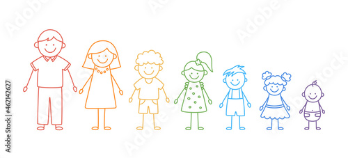 Happy doodle stick mans family. Set of hand drawn figure of family in colors of rainbow. Mother, father and kids. Vector illustration isolated in doodle style on white background.